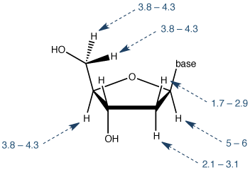 从Wijmenga和van Buuren的,的<em>核磁共振波谱进度数据</ em>的32,287-387(1998)。 在核酸中的1H NMR谱中观察到的脱氧核糖的关键残基的NMR化学位移